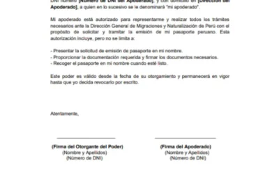 ejemplo de Carta Poder Notarial a Migraciones para emisión de Pasaporte