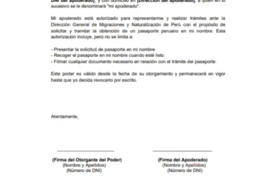 ejemplo de Carta Poder Notarial a Migraciones para tramitar Pasaporte