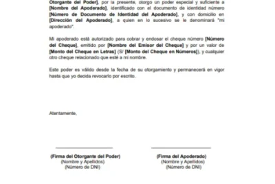 ejemplo de Carta Poder Notarial para cobrar cheque