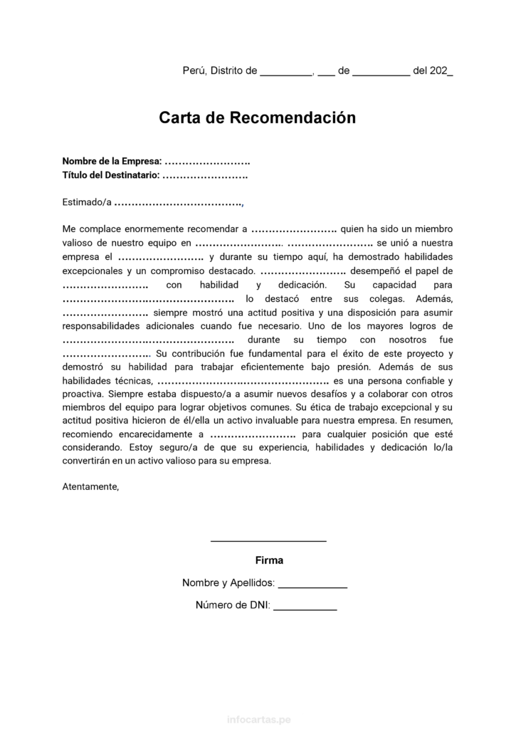 carta de recomendacion de una empresa en word