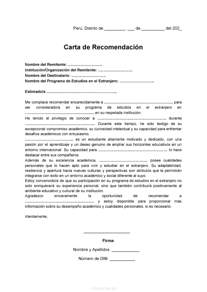 carta de recomendacion para estudios en el extranjero en word
