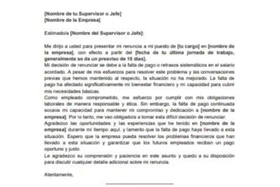 plantilla de carta de renuncia por falta de pago